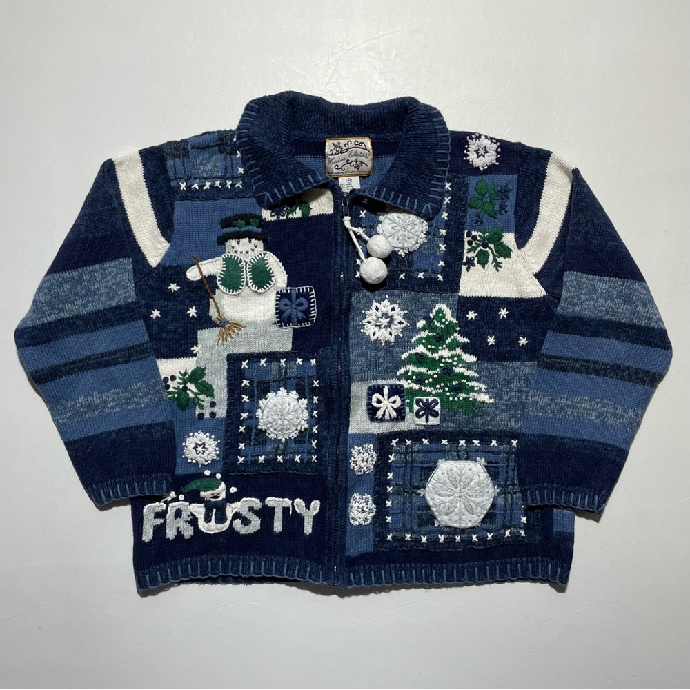Heirloom Collection Women's Blue Snowman winter Cardigan button up Sweater